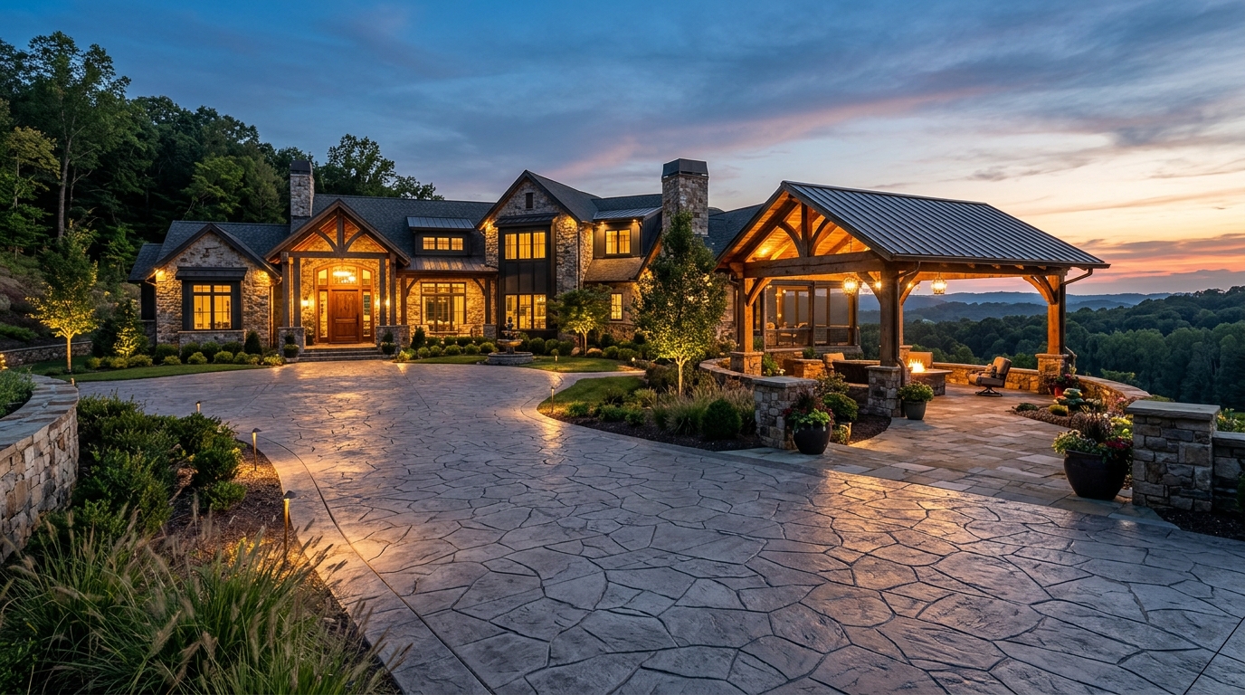Kentucky estate featuring precision decorative concrete driveway, custom stone retaining walls, and timber pergola at dusk